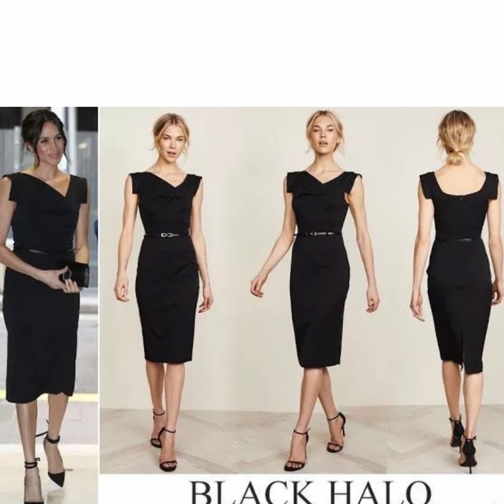 Black Halo Belted Classic Jackie O Midi Dress Sz 8